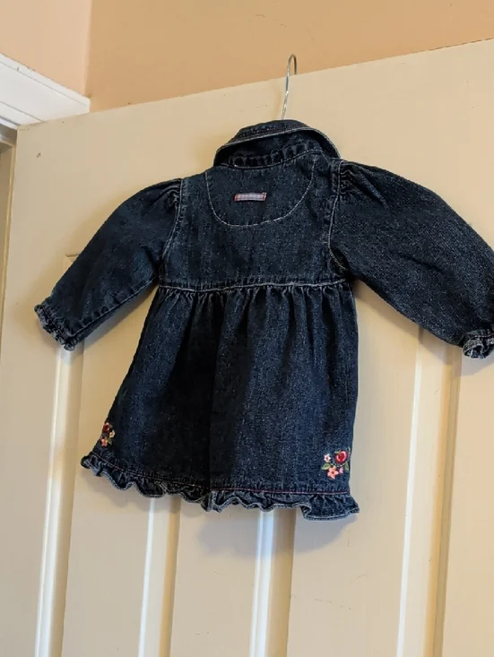 OshKosh B'gosh Dark Blue Denim Dress Red Apple Embroidery - Picture 3 of 6